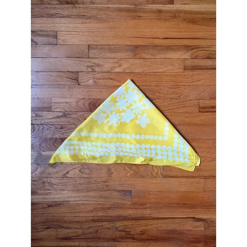 Vintage 60s Yellow Silk Scarf | Daisy Motif + Mod Dotted Border | 25” Square - Picture 5 of 6